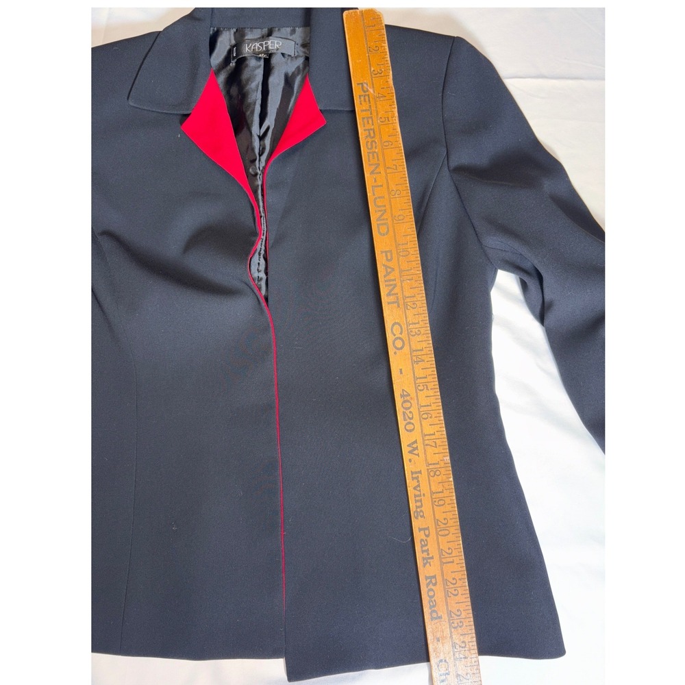 Kasper Womens Black Blazer Red Contrast Lapel Open Front Suit Jacket Size 12 - Picture 2 of 3
